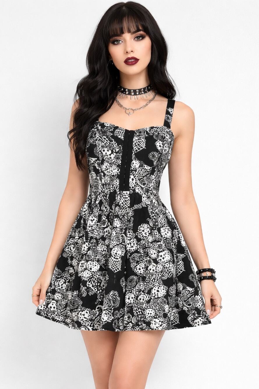 Y2K Royal Bones Skull Print Corset Front Mini Dress Small